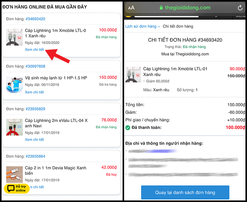 Cách xem chi tiết đơn hàng đã mua